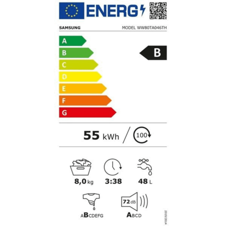 SAMSUNG 8 KILOS 1400 TOURS CLASSE B VOLUME TAMBOUR 61 LITRES WW80TA046TH/EF