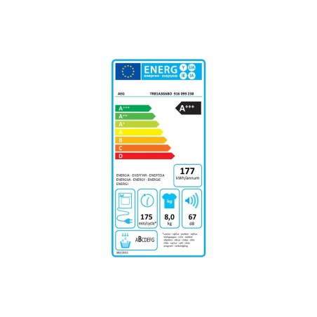 SECHE LINGE -AEG-TR95A3B6BW-POSE LIBRE-CONDENSATION POMPE A  CHALEUR-CAPACITE 9 KG-VOL TAMBOUR 118 LITRES