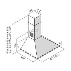 HOTTE-ELICA-MISSY DT 60-POSE LIBRE-60 CM-PYRAMIDE-DEBIT MA 395M3/H-NMBR VITESSE : 3-ECLAIRAGE 2X3W-