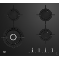 TABLE GAZ 4 FEUX VERRE NOIR BEKO 1 FOYER WOK DOUBLE COURONNE HILW64322S