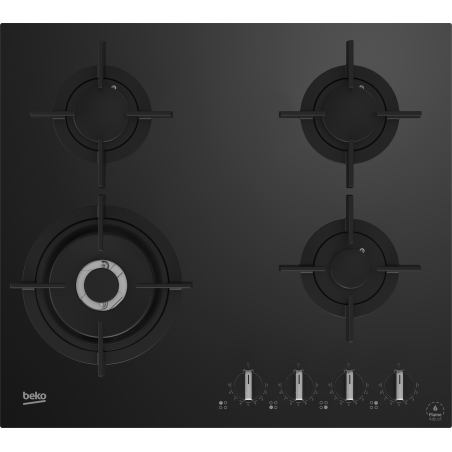 TABLE GAZ 4 FEUX VERRE NOIR BEKO 1 FOYER WOK DOUBLE COURONNE HILW64322S